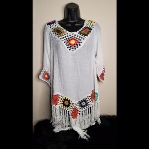 LF Kasumi Crochet Tunic 3/4 Sleeve Top Fringe
